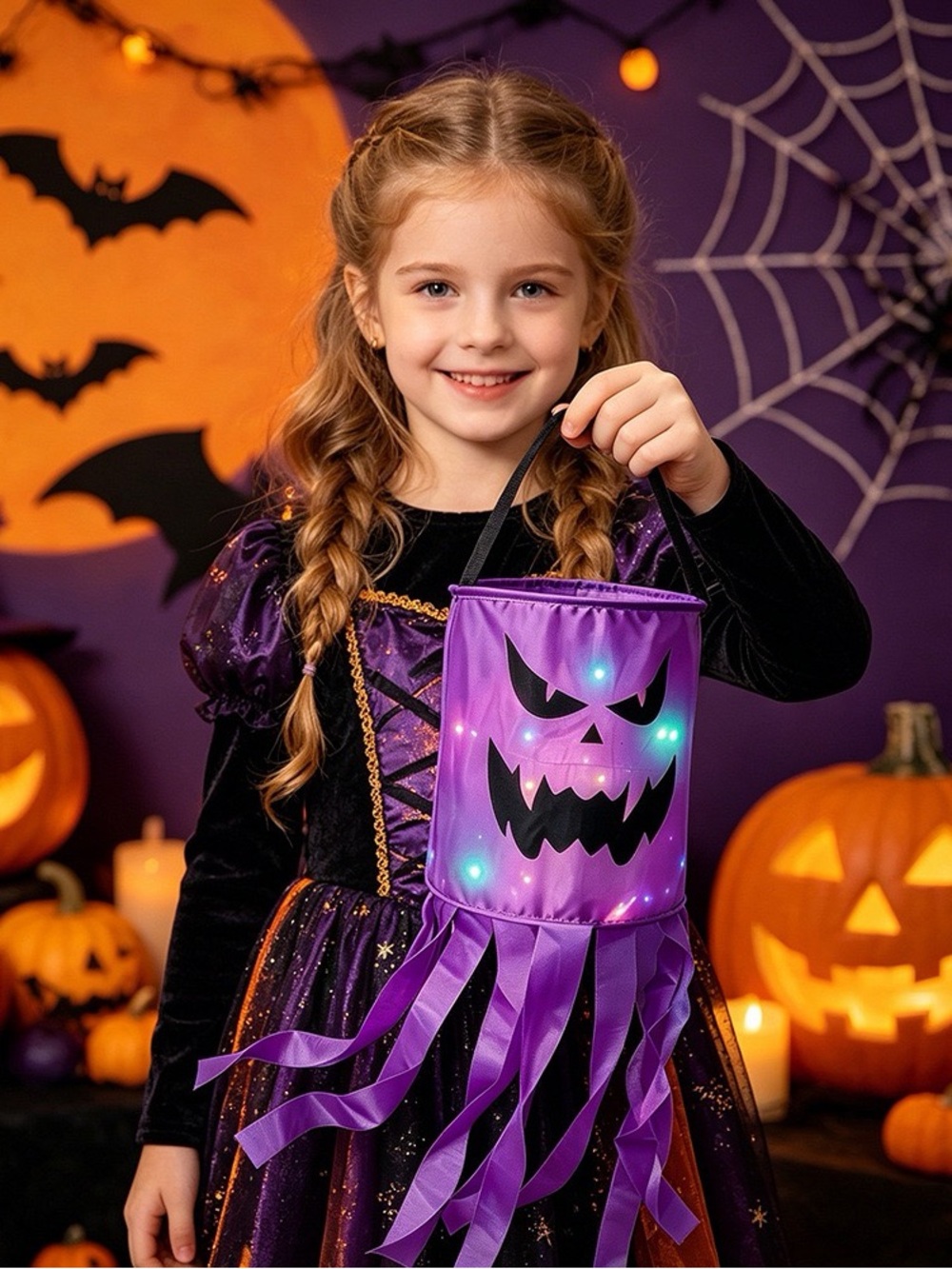 Kids Purple Halloween Pumpkin Lantern Trick-or-Treat Bucket